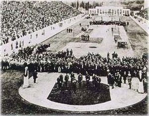 1896 Olympic opening ceremony at the Panathenaic stadium in Athens