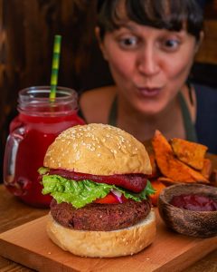 A veggie burger at Evergreen Organics - Facebook