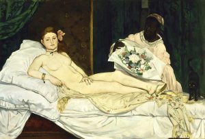 Manet’s famous painting, “Olympia” from 1863, depicted a prostitute wearing a black ribbon around her neck