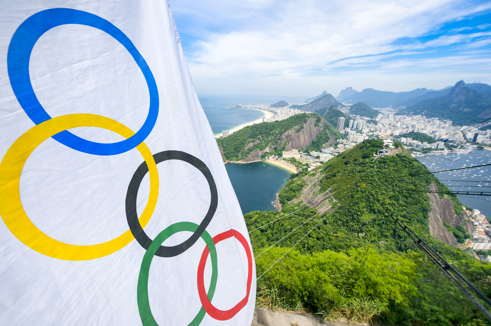 The Olympic flag overlooking the city of Rio De Janeiro in Brazil, the host city of the Rio 2016 Olympics