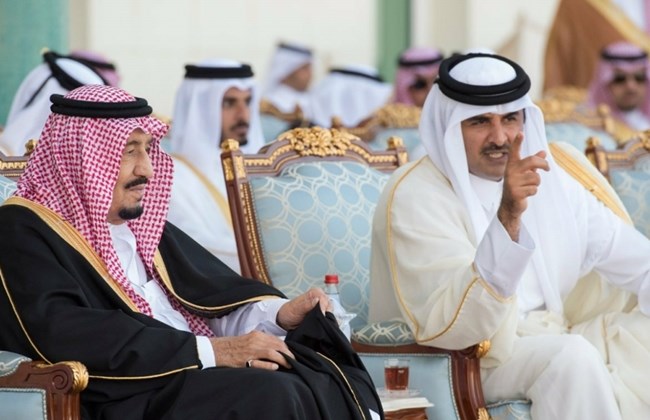 King Salman of Saudi Arabia and Emir Sheikh Tamim bin Hamad Al Thani of Qatar