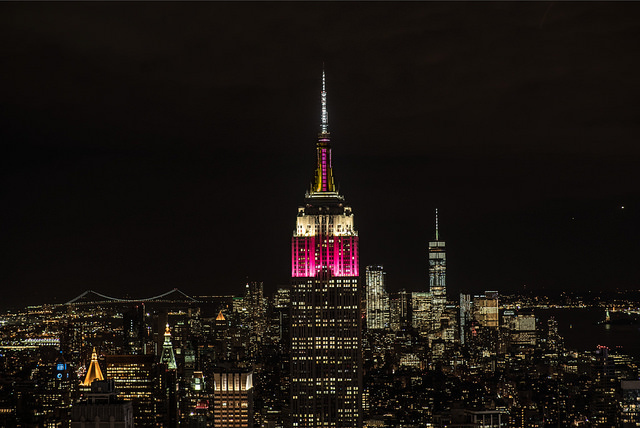 The Empire State Building illuminated in the colors of Qatar Airways